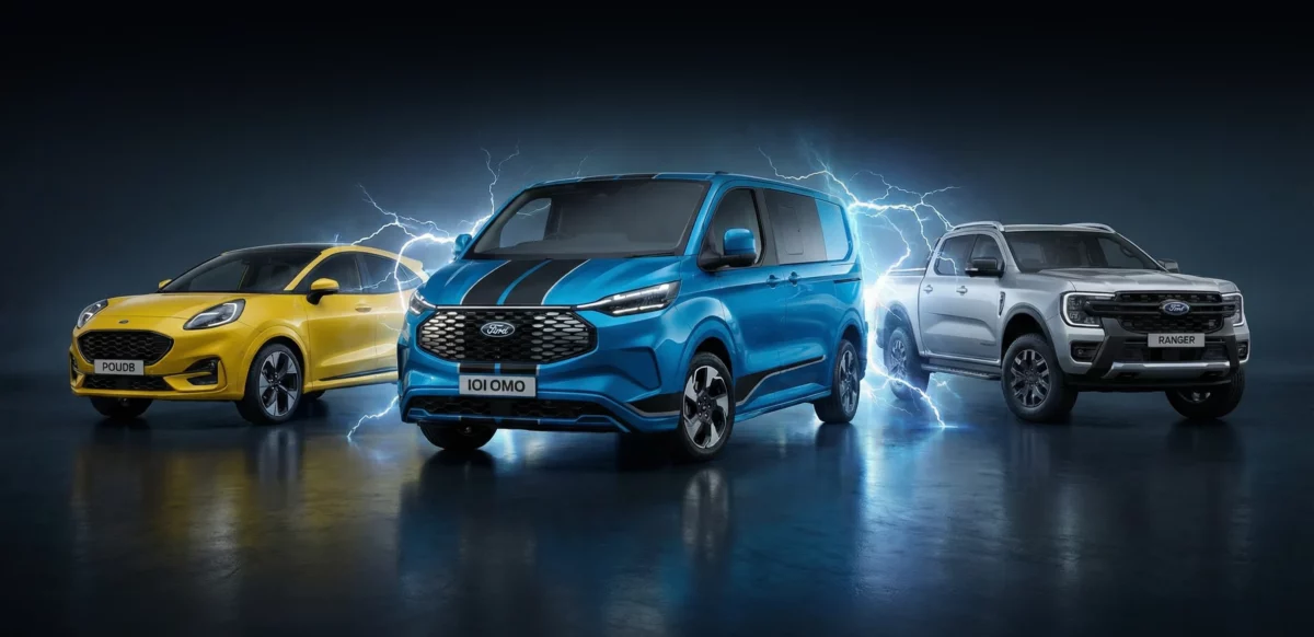 Drei Ford Elektrofahrzeuge – Ford Puma Gen-E, Ford E-Transit Custom und Ford Ranger PHEV – stehen nebeneinander in einem dunklen Studio mit elektrischen Lichtblitzen im Hintergrund.